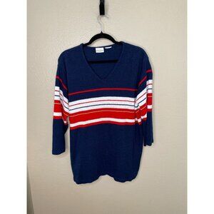 White‎ Stag Womens V-Neck Sweater Red White Blue Striped Design Long Sleeve